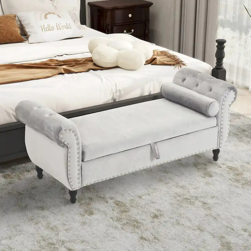 Velvet Storage Rectangular Bench With 1 Pillow,Ottoman For Living Rooms And Entryway