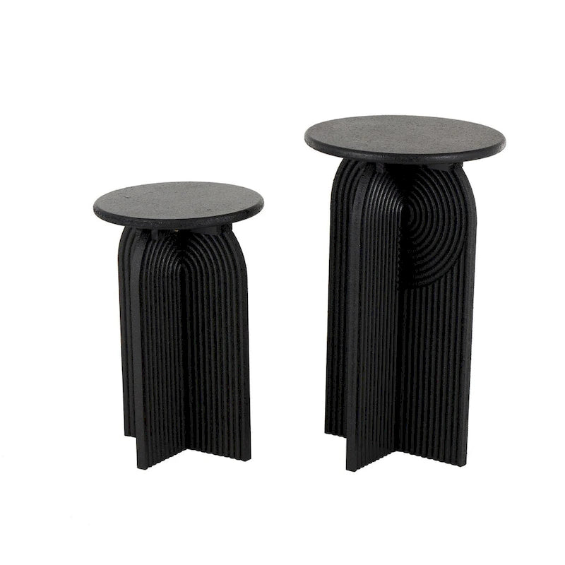 Wood Geometric Sandstone Carved Art Deco Arched Pedestal Side End Accent Table - Set of 2 Black - Roche River Decor