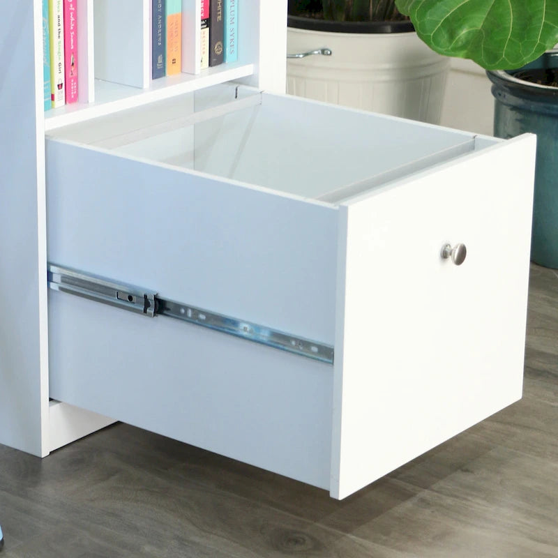 48-Inch Compact Computer Desk with Drop-Down Keyboard Tray, File Drawer & Storage, White MDF