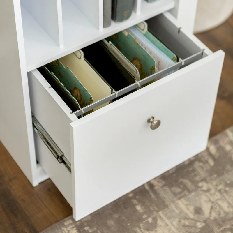 48-Inch Compact Computer Desk with Drop-Down Keyboard Tray, File Drawer & Storage, White MDF