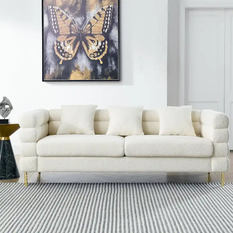 Modern Art Deco 3-Seater Sofa with Metallic Legs & Lumbar Pillows, 81" Wide