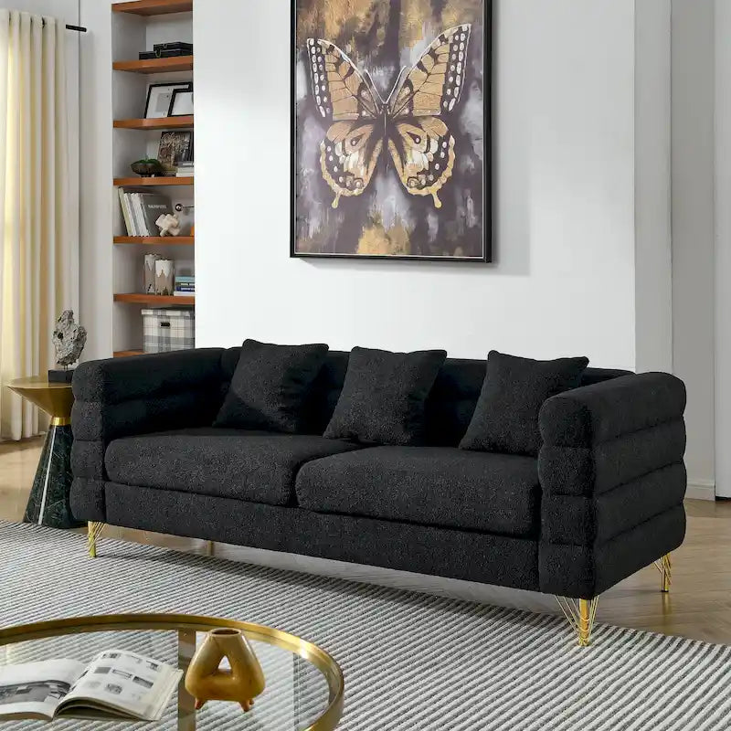 Modern Art Deco 3-Seater Sofa with Metallic Legs & Lumbar Pillows, 81" Wide