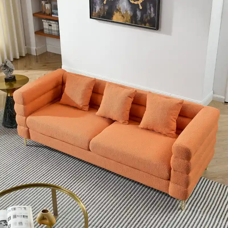 Modern Art Deco 3-Seater Sofa with Metallic Legs & Lumbar Pillows, 81" Wide
