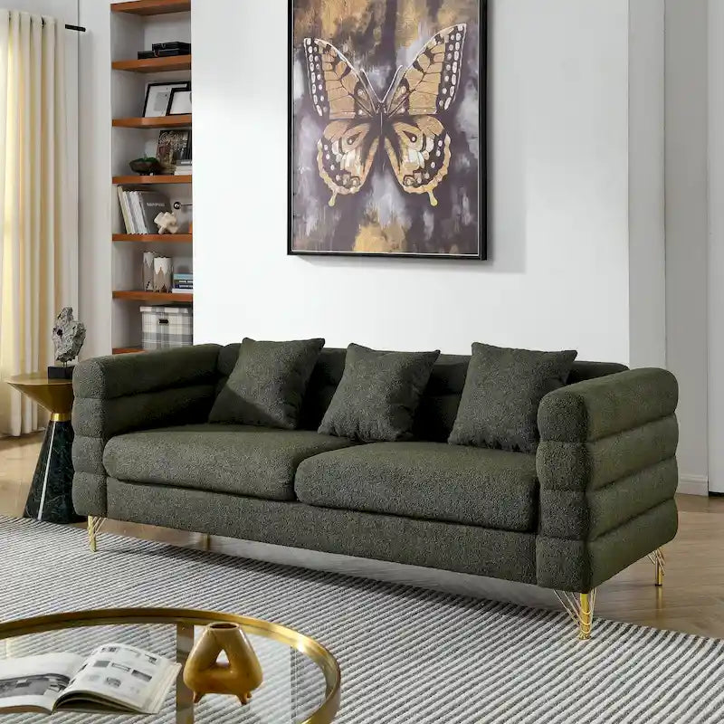Modern Art Deco 3-Seater Sofa with Metallic Legs & Lumbar Pillows, 81" Wide