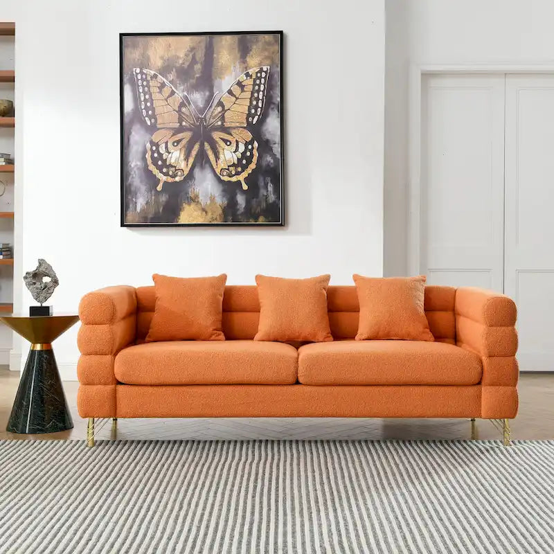 Modern Art Deco 3-Seater Sofa with Metallic Legs & Lumbar Pillows, 81" Wide