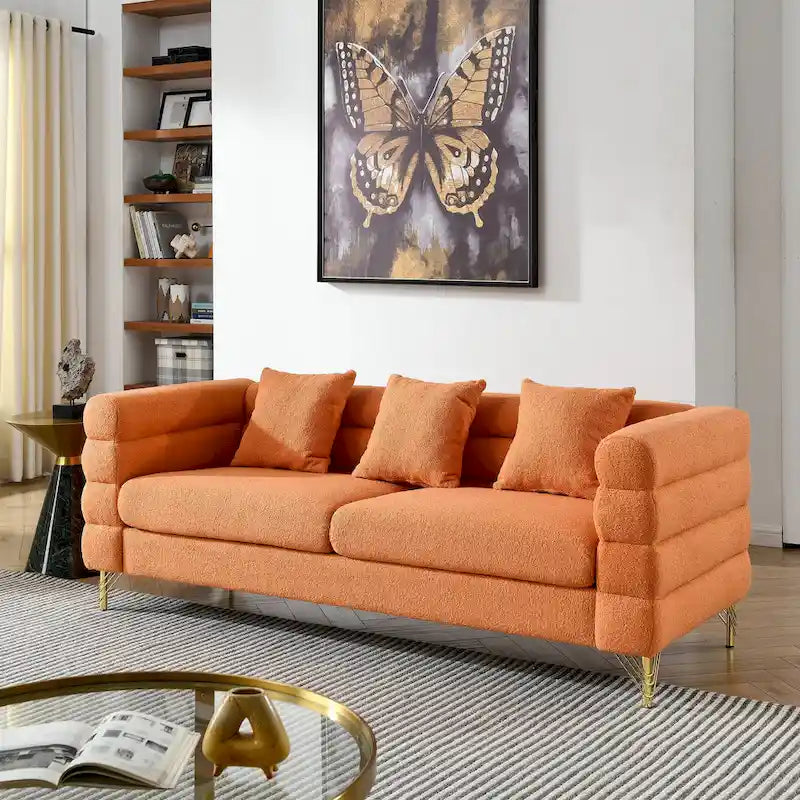 Modern Art Deco 3-Seater Sofa with Metallic Legs & Lumbar Pillows, 81" Wide