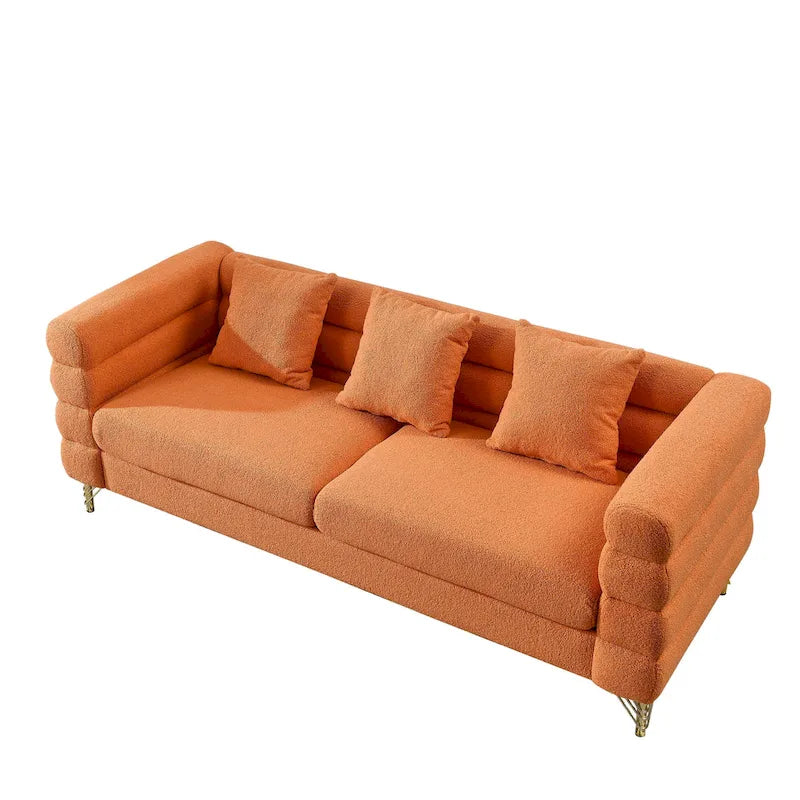 Modern Art Deco 3-Seater Sofa with Metallic Legs & Lumbar Pillows, 81" Wide