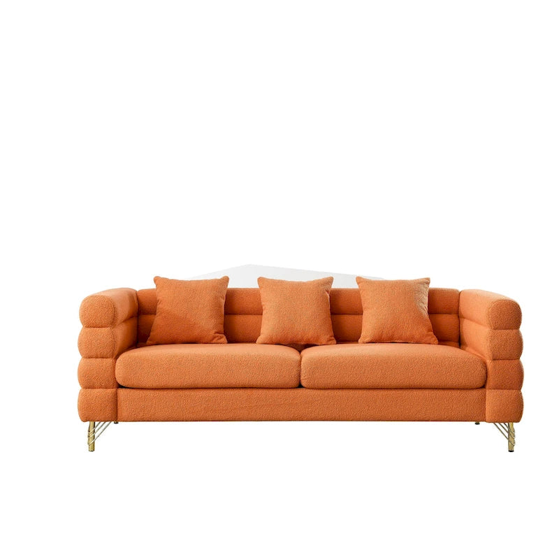 Modern Art Deco 3-Seater Sofa with Metallic Legs & Lumbar Pillows, 81" Wide