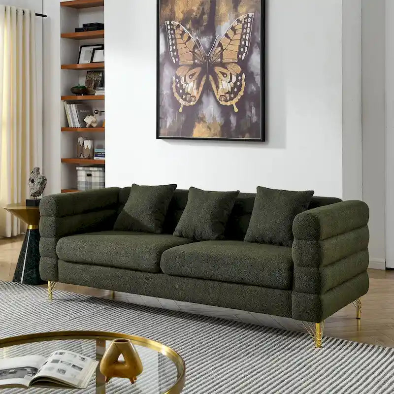 Modern Art Deco 3-Seater Sofa with Metallic Legs & Lumbar Pillows, 81" Wide