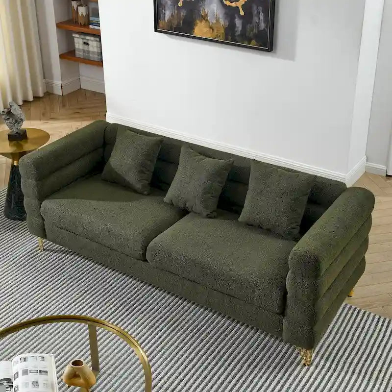Modern Art Deco 3-Seater Sofa with Metallic Legs & Lumbar Pillows, 81" Wide