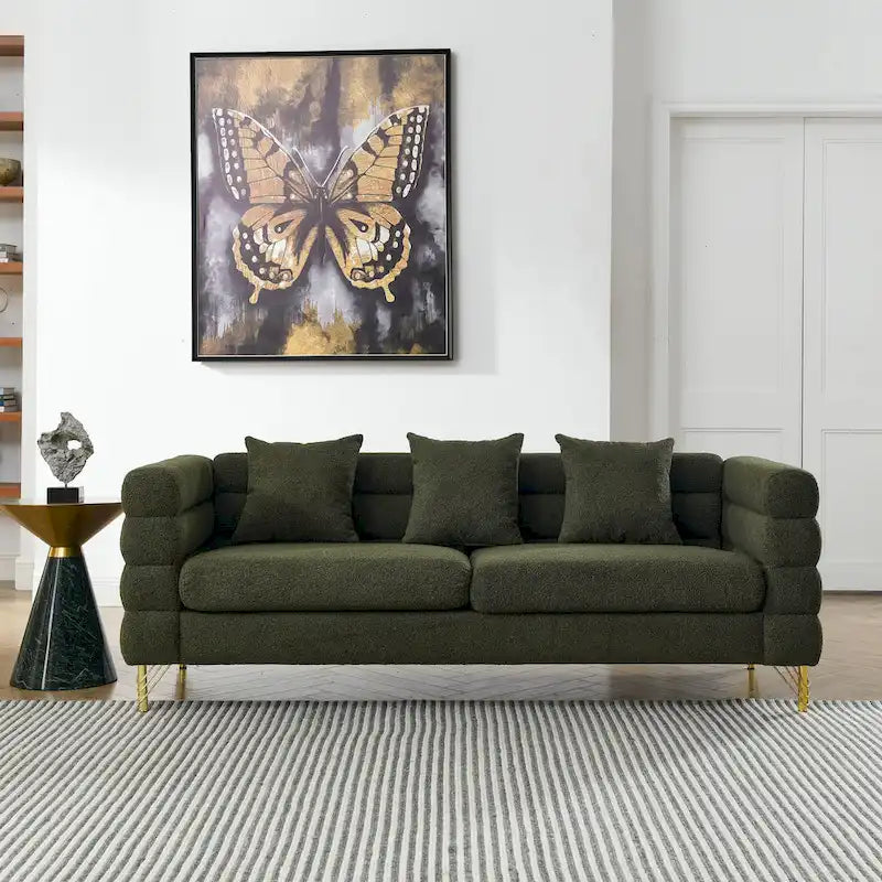 Modern Art Deco 3-Seater Sofa with Metallic Legs & Lumbar Pillows, 81" Wide