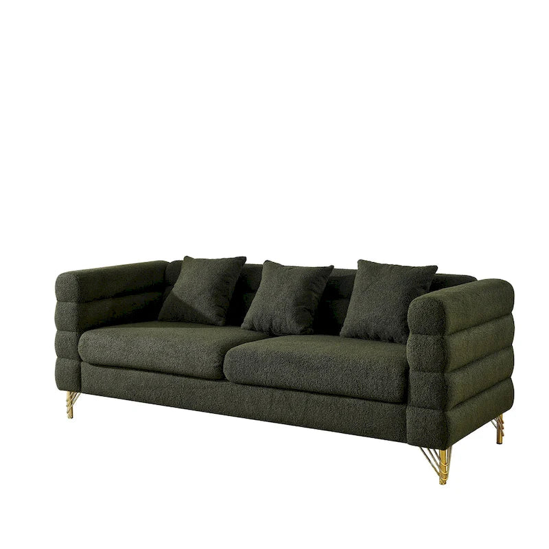 Modern Art Deco 3-Seater Sofa with Metallic Legs & Lumbar Pillows, 81" Wide