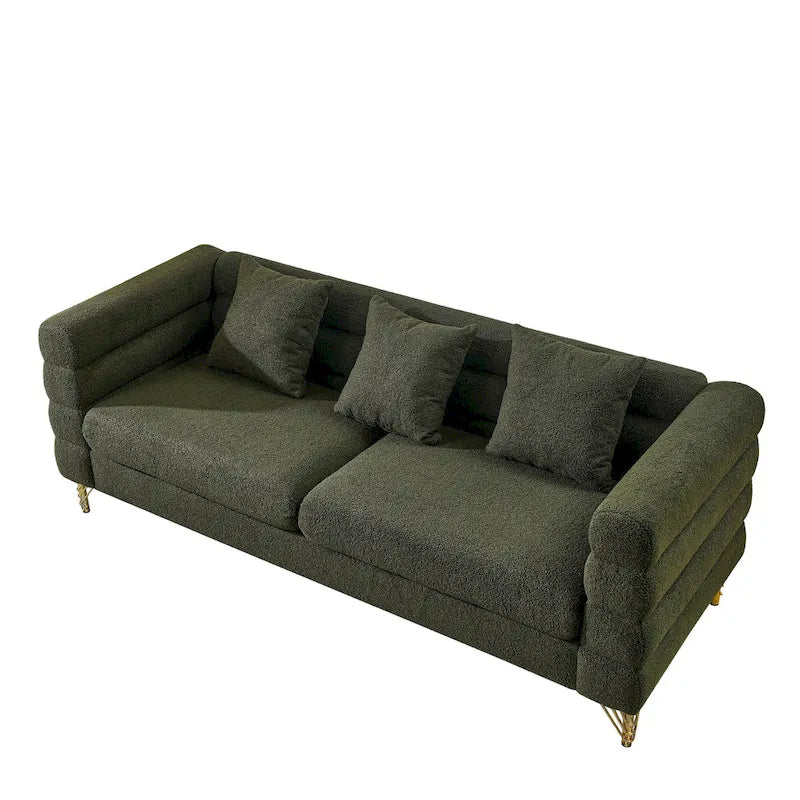 Modern Art Deco 3-Seater Sofa with Metallic Legs & Lumbar Pillows, 81" Wide