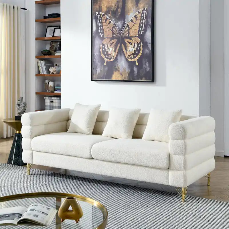 Modern Art Deco 3-Seater Sofa with Metallic Legs & Lumbar Pillows, 81" Wide