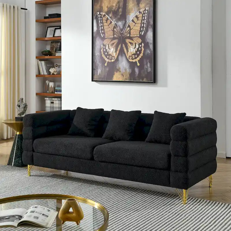 Modern Art Deco 3-Seater Sofa with Metallic Legs & Lumbar Pillows, 81" Wide