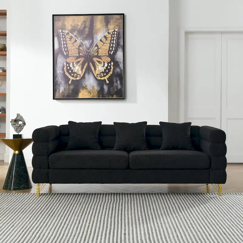 Modern Art Deco 3-Seater Sofa with Metallic Legs & Lumbar Pillows, 81" Wide