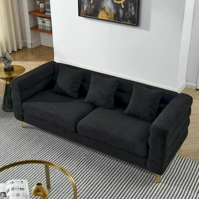 Modern Art Deco 3-Seater Sofa with Metallic Legs & Lumbar Pillows, 81" Wide
