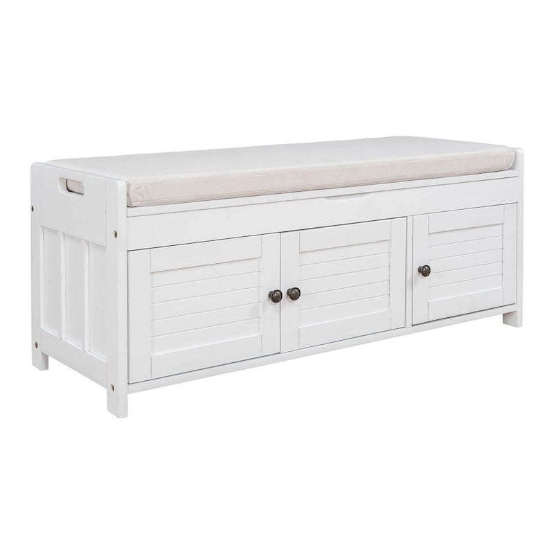 Farmhouse 3-Door Upholstered Shoe Bench with Removable Cushion and Hidden Storage Space