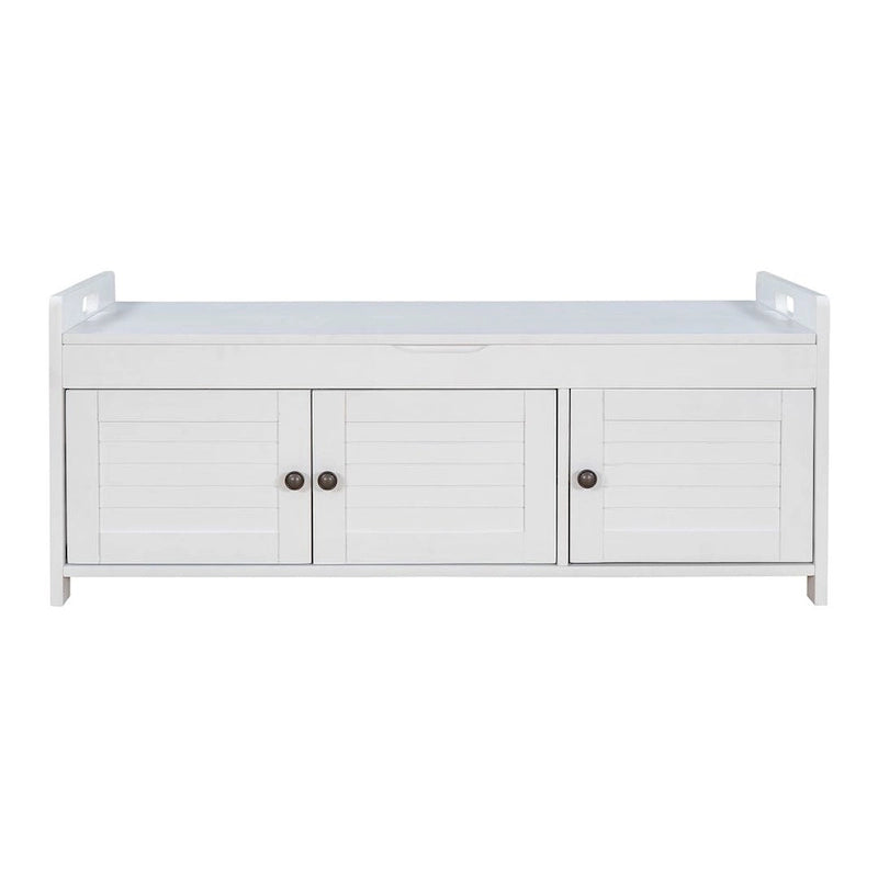 Farmhouse 3-Door Upholstered Shoe Bench with Removable Cushion and Hidden Storage Space