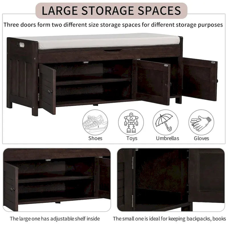 Farmhouse 3-Door Upholstered Shoe Bench with Removable Cushion and Hidden Storage Space