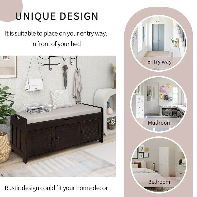 Farmhouse 3-Door Upholstered Shoe Bench with Removable Cushion and Hidden Storage Space