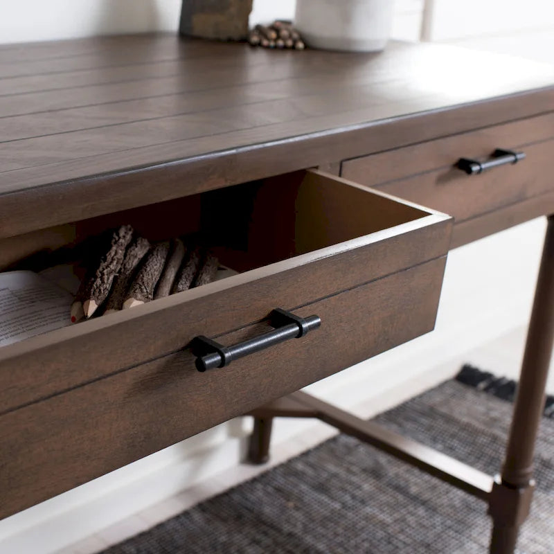 Traditional carved writing desk with 2 drawers and an open frame design, suitable for a home office.