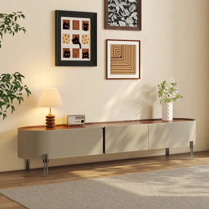 Saddle Leather TV Stand with 3 Drawers, Solid Wood & Stainless Steel Frame, Modern Media Console