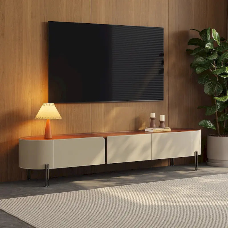 Saddle Leather TV Stand with 3 Drawers, Solid Wood & Stainless Steel Frame, Modern Media Console