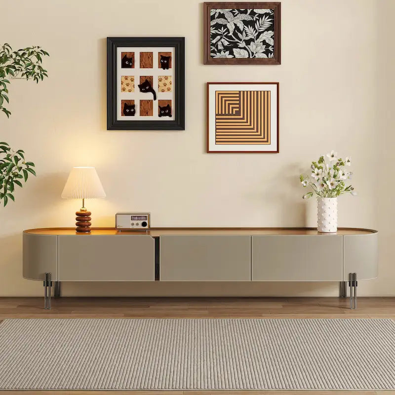 Saddle Leather TV Stand with 3 Drawers, Solid Wood & Stainless Steel Frame, Modern Media Console