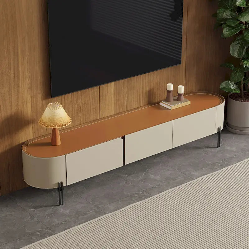 Saddle Leather TV Stand with 3 Drawers, Solid Wood & Stainless Steel Frame, Modern Media Console