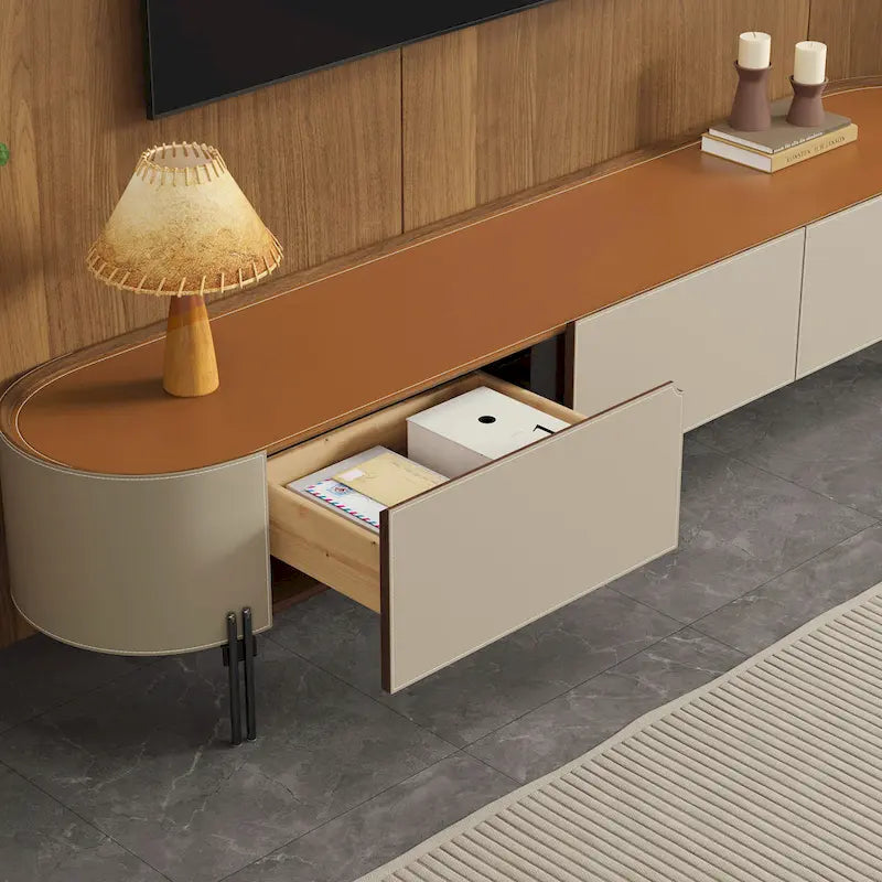 Saddle Leather TV Stand with 3 Drawers, Solid Wood & Stainless Steel Frame, Modern Media Console