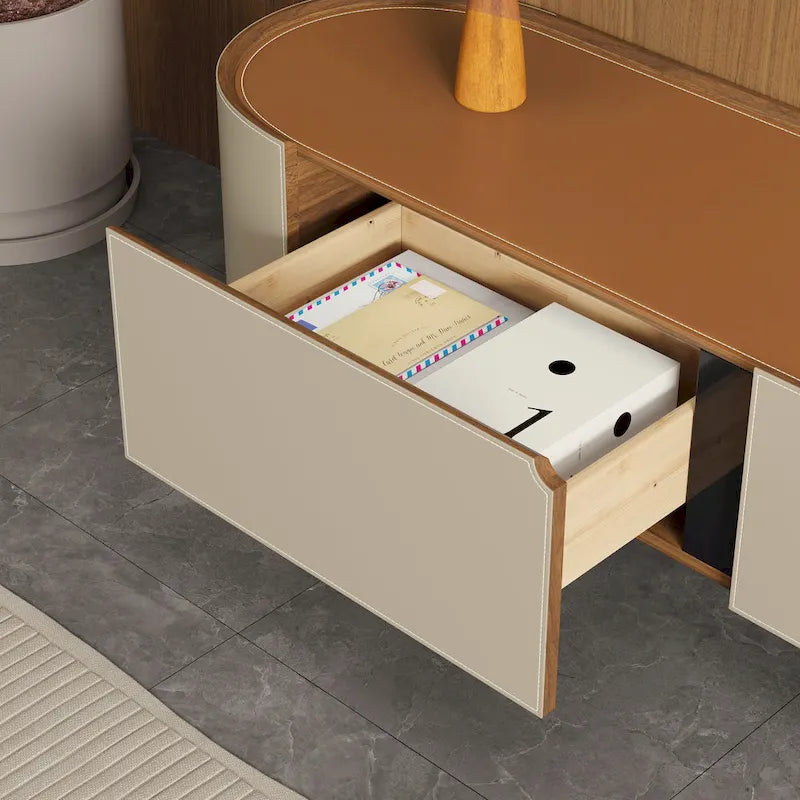 Saddle Leather TV Stand with 3 Drawers, Solid Wood & Stainless Steel Frame, Modern Media Console