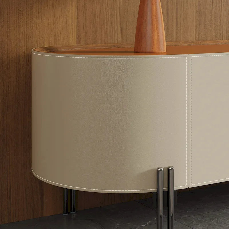 Saddle Leather TV Stand with 3 Drawers, Solid Wood & Stainless Steel Frame, Modern Media Console