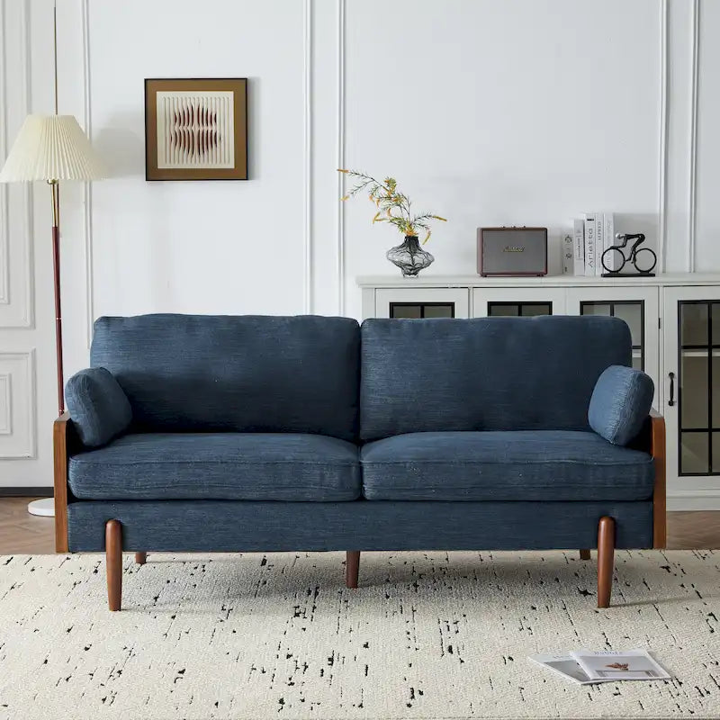 The sofa features a mid-century modern design, which is elegant and sophisticated.