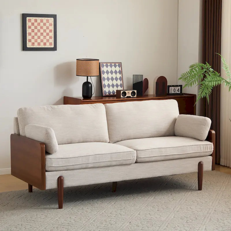 The sofa features a mid-century modern design, which is elegant and sophisticated.