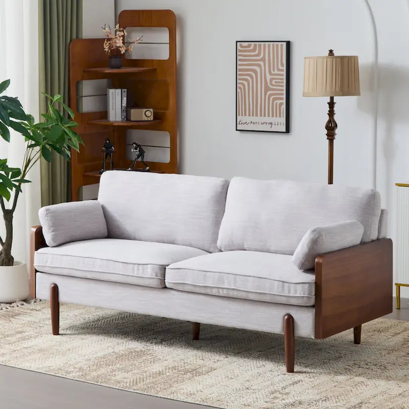 The sofa features a mid-century modern design, which is elegant and sophisticated.