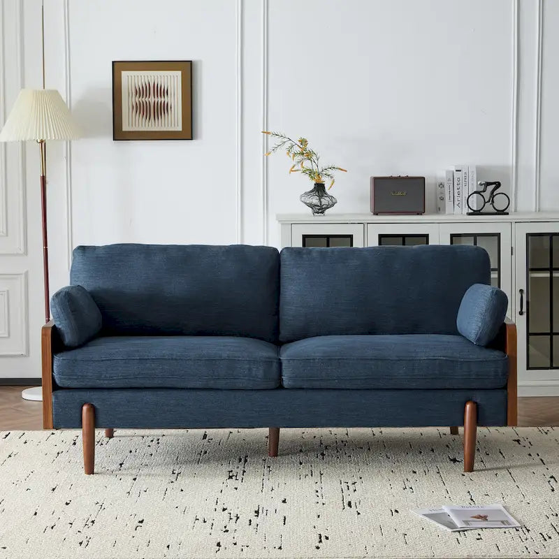 The sofa features a mid-century modern design, which is elegant and sophisticated.