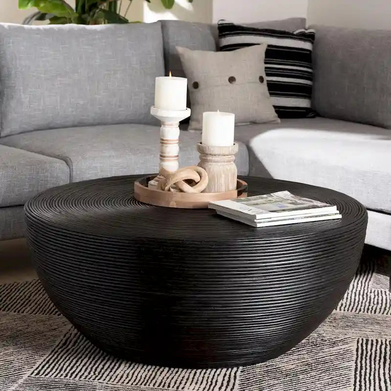 Tokyo Laminated Natural Rattan Coffee Table - Handcrafted Drum Table for Living Room, Coastal Boho Style Furniture