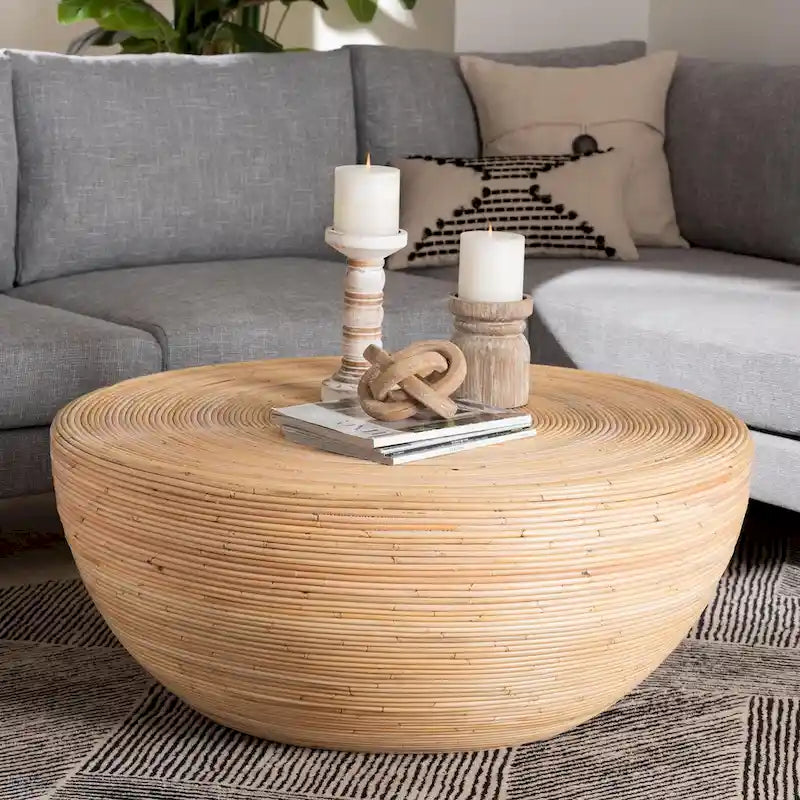Tokyo Laminated Natural Rattan Coffee Table - Handcrafted Drum Table for Living Room, Coastal Boho Style Furniture