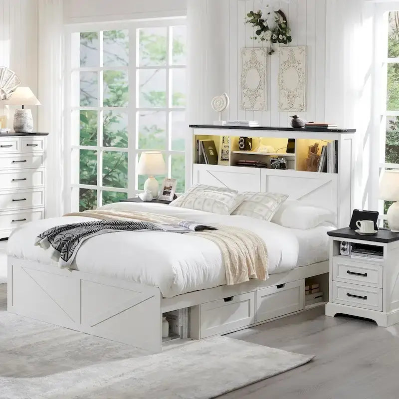 Queen Size Storage Bed Frame with LED Headboard, Charging Station & 4 Drawers, Farmhouse Style, Supports 900 lbs