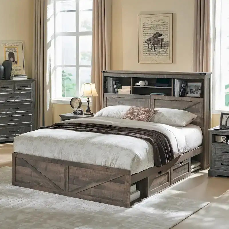 Queen Size Storage Bed Frame with LED Headboard, Charging Station & 4 Drawers, Farmhouse Style, Supports 900 lbs