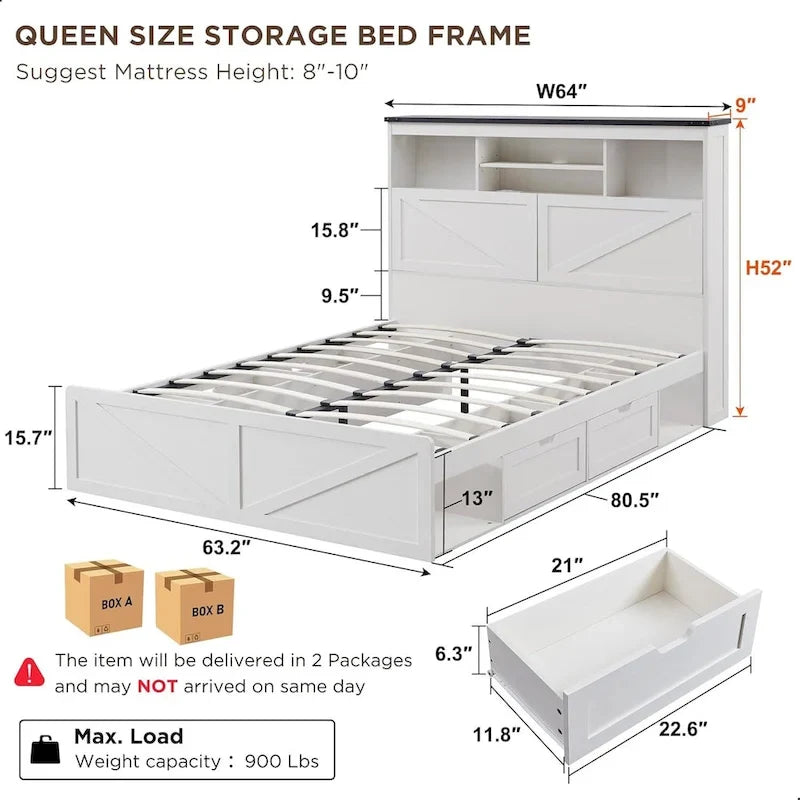 Queen Size Storage Bed Frame with LED Headboard, Charging Station & 4 Drawers, Farmhouse Style, Supports 900 lbs