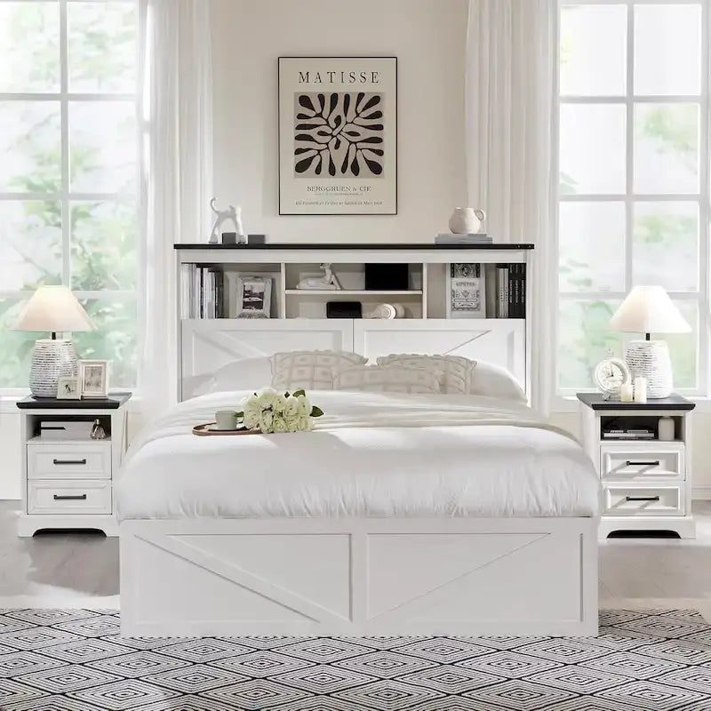 Queen Size Storage Bed Frame with LED Headboard, Charging Station & 4 Drawers, Farmhouse Style, Supports 900 lbs