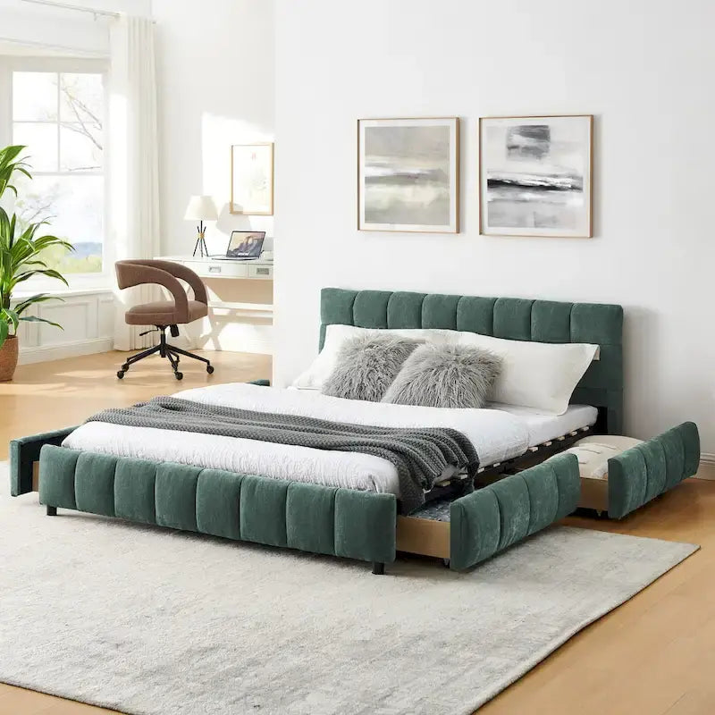 Modern Queen Upholstered Bed with Storage Drawers, Chenille Fabric Platform Design, Easy Assembly