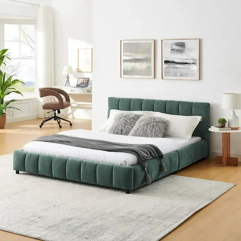 Modern Queen Upholstered Bed with Storage Drawers, Chenille Fabric Platform Design, Easy Assembly
