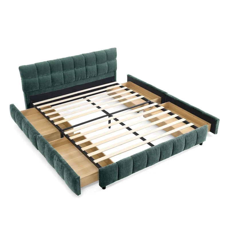 Modern Queen Upholstered Bed with Storage Drawers, Chenille Fabric Platform Design, Easy Assembly