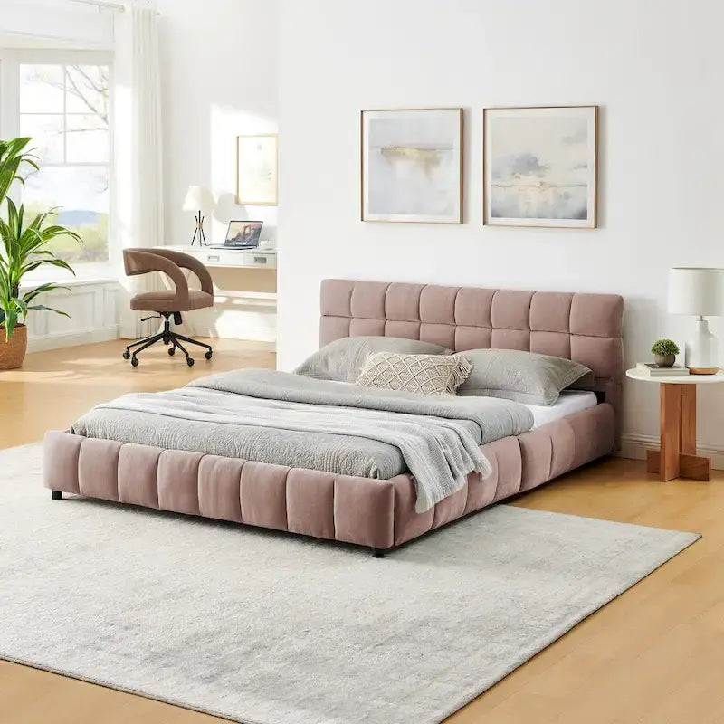 Modern Queen Upholstered Bed with Storage Drawers, Chenille Fabric Platform Design, Easy Assembly