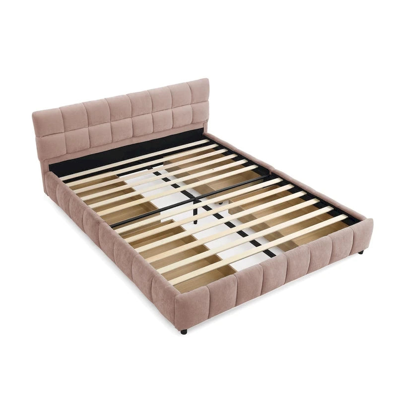 Modern Queen Upholstered Bed with Storage Drawers, Chenille Fabric Platform Design, Easy Assembly