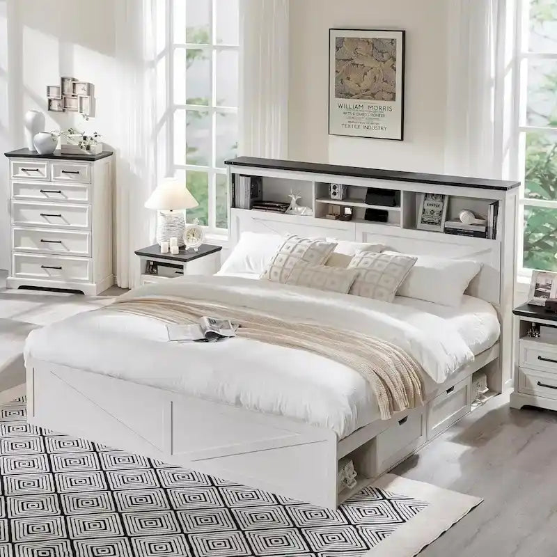 King Farmhouse Storage Bed Frame with Bookshelf Headboard, Sliding Barn Door, LED Lights, Charging Station & 4 Drawers, 900lb Capacity
