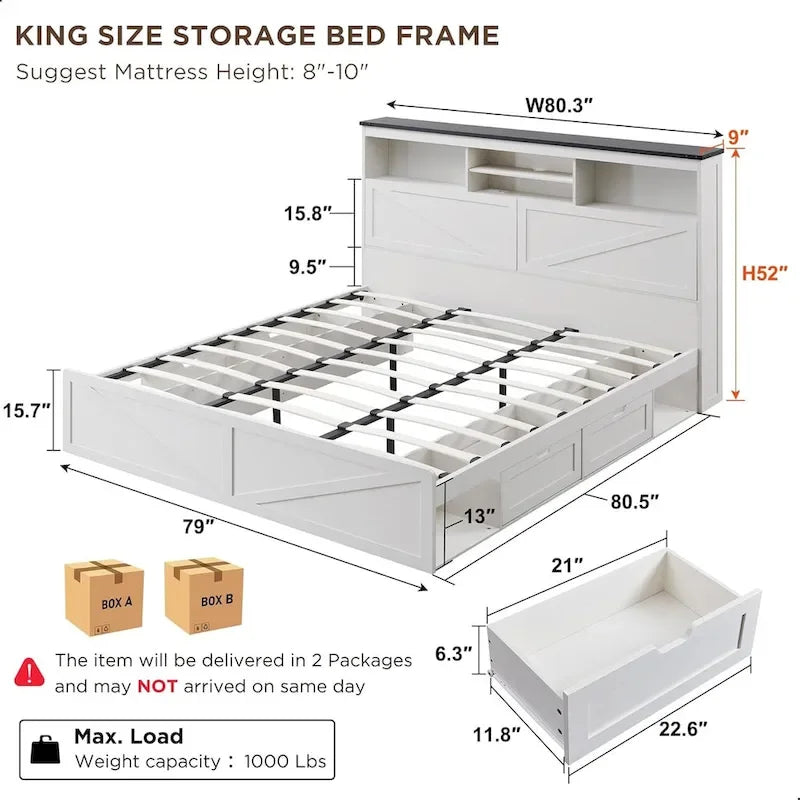 King Farmhouse Storage Bed Frame with Bookshelf Headboard, Sliding Barn Door, LED Lights, Charging Station & 4 Drawers, 900lb Capacity